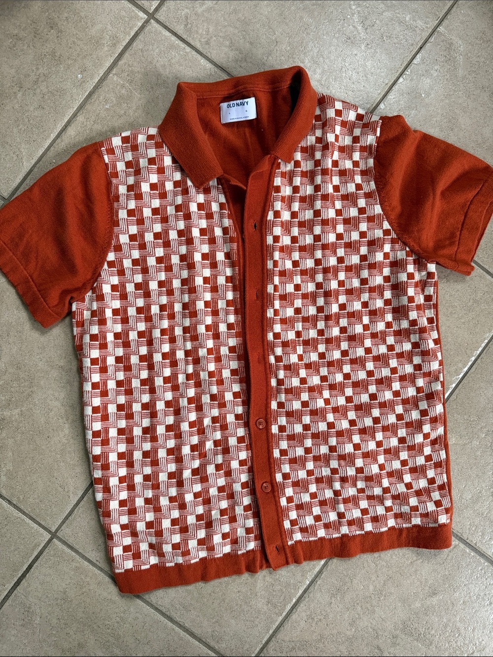 Retro style 50’s Orange & White Check Short-Sleeve Button-Up Polo